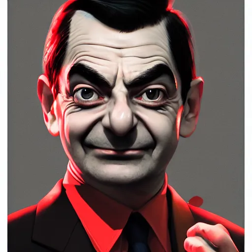 Image similar to a comic portrait of mr. bean with black and red parts, realistic shaded perfect face, fine details. night setting. very anime style. realistic shaded lighting poster by ilya kuvshinov katsuhiro, unreal engine, global illumination, radiant light, detailed and intricate environment