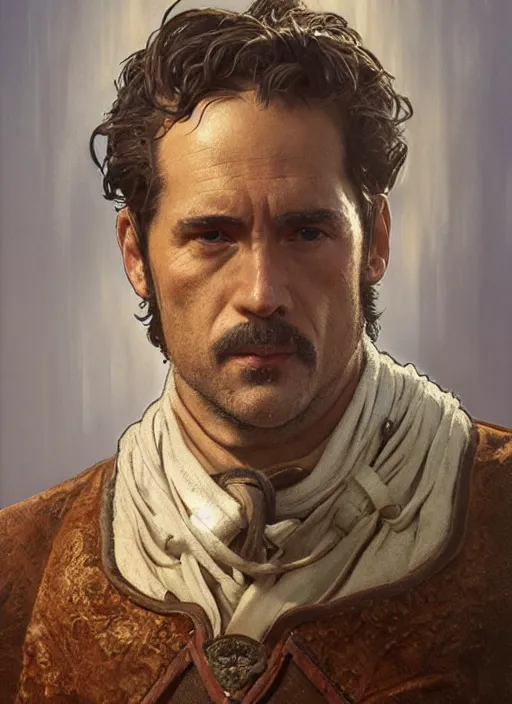 Image similar to portrait of provencal le gaulois in kaamelott played by frank pitiot, highly detailed, 3 5 mm photo, artstation, concept art, sharp focus, 2 8 mm macro photo, art by artgerm and greg rutkowski and alphonse mucha, award winning art, royal