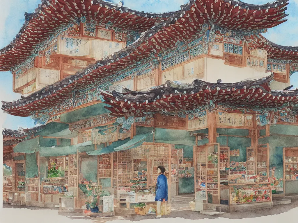 Image similar to a beautifully and highly detailed watercolor of a south korean tea shop, by me kyeoung lee,