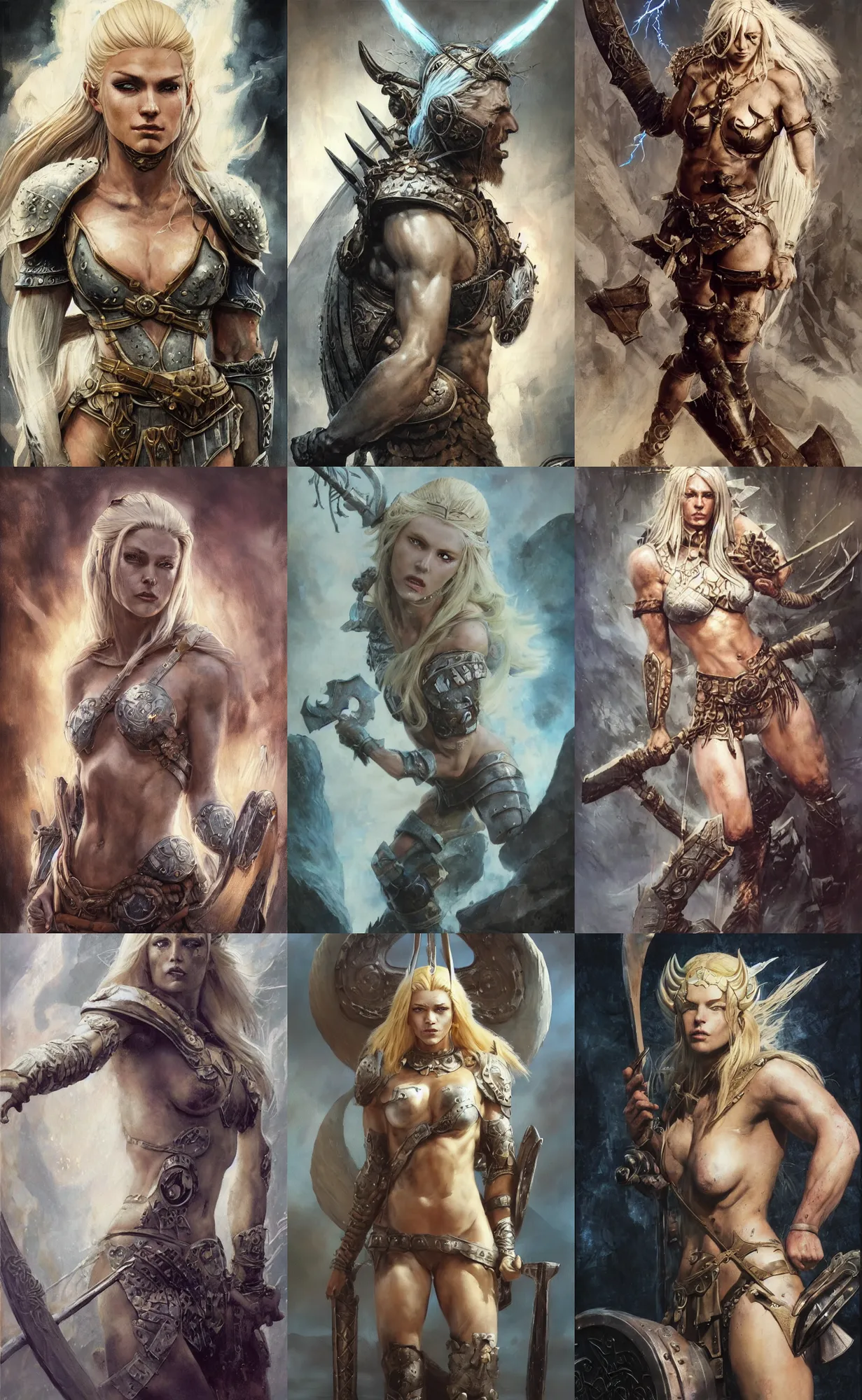 Image similar to A mixed media painting of the beautiful blonde viking goddess of war infused with lightning, very aesthetic, detailed face, by Frank Frazetta, Greg Rutkowski, Boris Vallejo, Beeple, Yoko Taro, Christian MacNevin, epic fantasy character art, goddess of anger, runes, high fantasy, CGsociety, full length, exquisite detail, post-processing, low angle, masterpiece, cinematic, odin's stone arena background