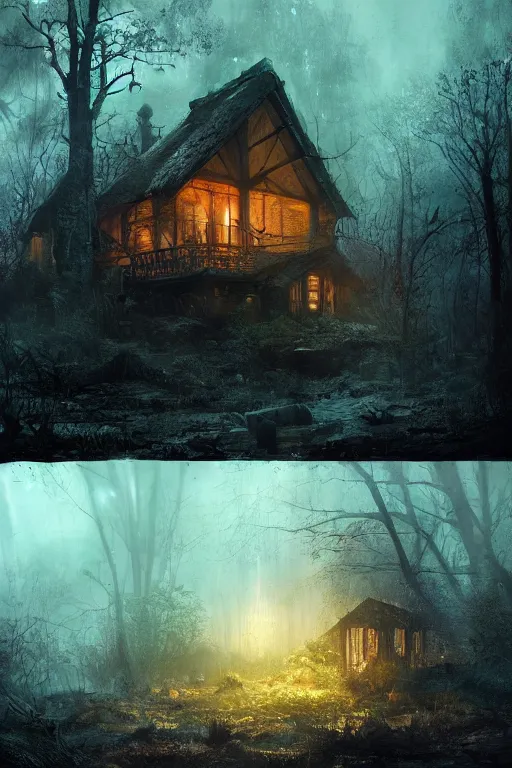 Prompt: an abandoned cottage in the forest at night, intricate, horror, dark volumetric lighting, scenery, digital painting, highly detailed, artstation, sharp focus, illustration, concept art,ruan jia, steve mccurry