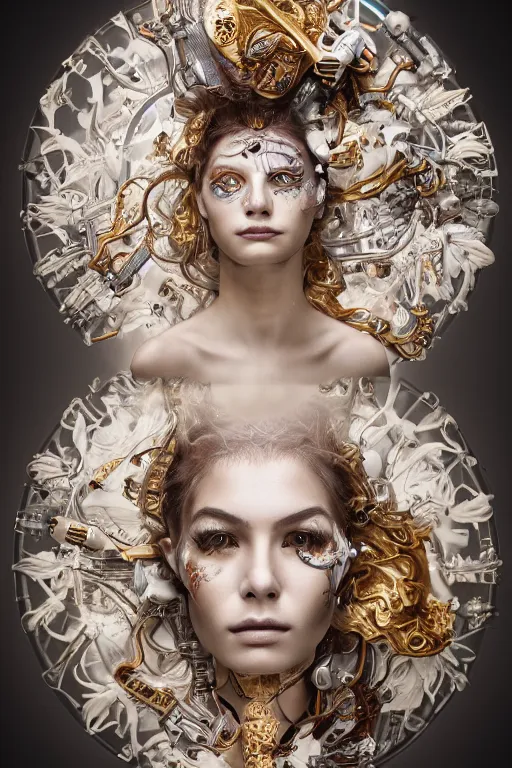 Image similar to a beautiful intricate fine art portrait photo of a cyborg with bionic implants, epic wavy hair spread out around her lined with white hibiscus, lying on a mandala, by natalie shau and michal karcz, masterpiece!, futuristic robot body, top view, studio lighting, golden ratio composition, 3 5 mm lens, deep depth of field, artstation, 8 k