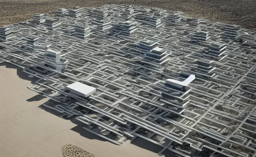 Image similar to parametric structure, medical complex, in the desert beside the gulf, view from above, design by kengo kuma, dezeen, architectural photography