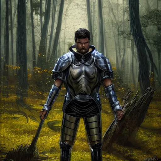 Image similar to A fantasy comic book style portrait painting by Junji Ito and Greg rutkowski of Karl Urban as a Paladin in a stunning ruin setting surrounded by yellow spring forest, unreal 5, DAZ, hyperrealistic, octane render, dungeons and dragons, dynamic lighting