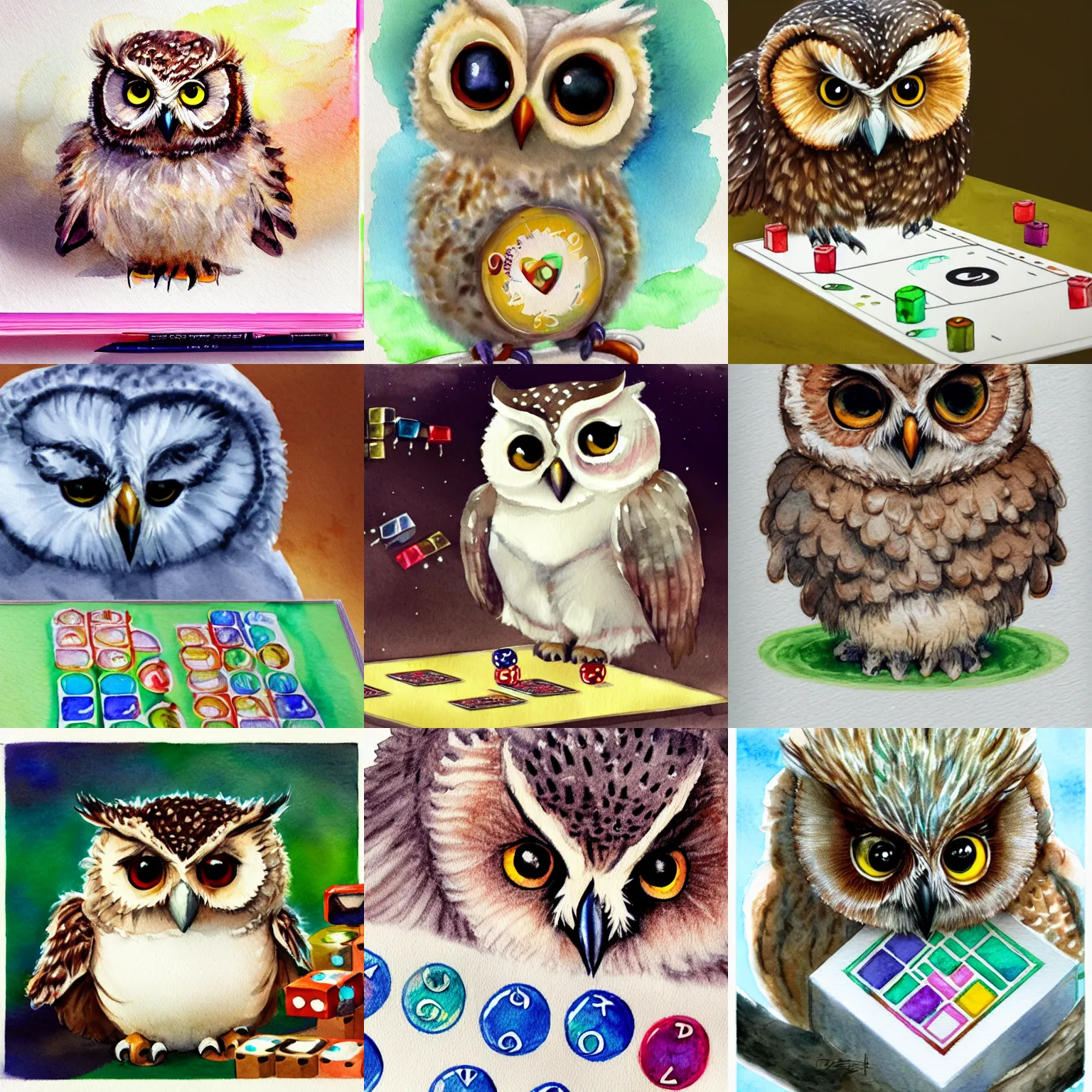 Prompt: cute fluffy baby owl playing board games, children's book watercolor drawing, close-up, trending on artstation, highly detailed, concept art
