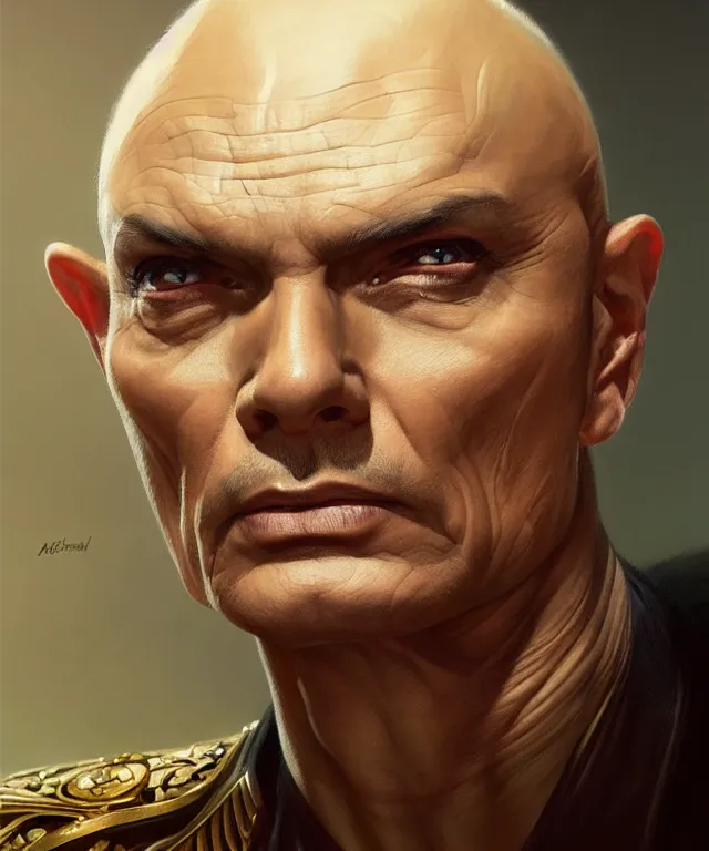 Image similar to Yul Brynner as an angry bald general, portrait, intricate, elegant, highly detailed, digital painting, artstation, concept art, smooth, sharp focus, illustration, art by artgerm and greg rutkowski and alphonse mucha