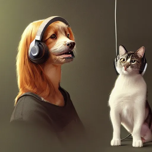 Image similar to a dog and cat wearing headphones smiling, 8 k resolution, digital art, serene, marco lens, by greg rutkowski, wlop, artgerm, artstation