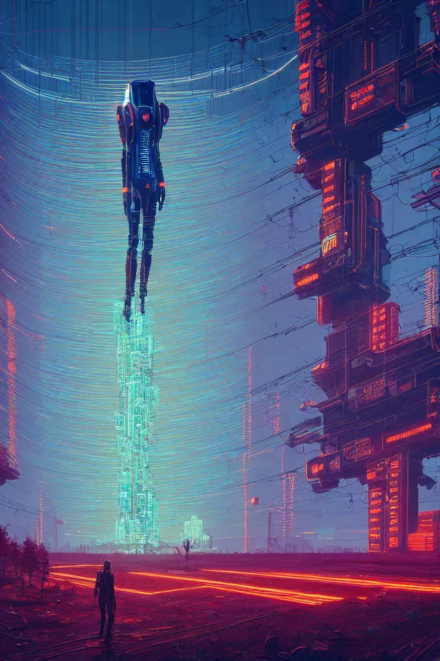 Prompt: magnificent cyberpunk mechatower made out of billions of stacked computer screens by simon stalenhag, el bosco and dan mumford, omnipresent ai god, mass effect fantasy, cinematic lighting, golden hour