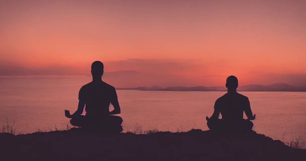 Image similar to wide range photo silhouette of a man meditating, at a beautiful sunset, highly detailed, colorful,