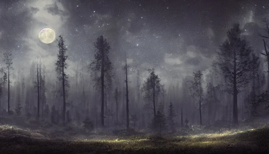 Prompt: a beautiful forest landscape at dusk, big moon and stars in the sky, matte painting, dark blue tones, concept art, 4k