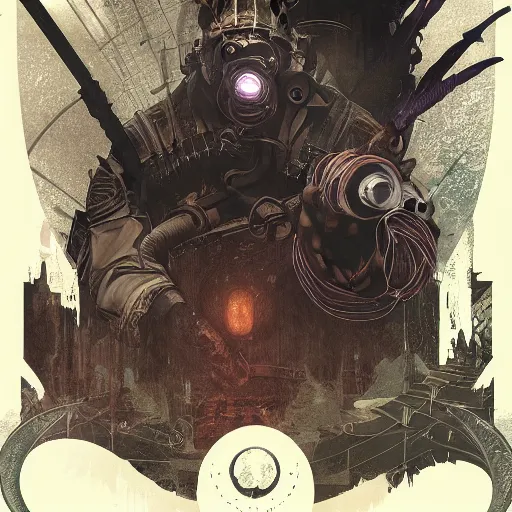 Image similar to an ultra detailed vector image of a big daddy from bioshock dressed as the hunter from bloodborne, concept art by alphonse mucha and greg rutkowski, scary shadows, blood moon eclipse, polaroid octane render, laminal space