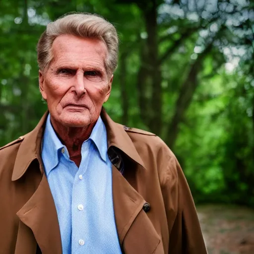 Image similar to robert stack wearing a trench coat unsolved mysteries solving the mystery of the missing jelly sandwich 2 0 0 1, ( sony a 7 r iv, symmetric balance, polarizing filter, photolab, lightroom, 4 k, dolby vision, photography awardm, voque, perfect face )