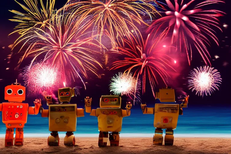 Prompt: happy robots watching the fireworks at the beach, new year, 8k, beatiful, high detail, high resolution