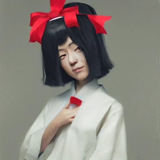 Prompt: Portrait of a japanese young lady with a long white!!!! white hair and a red ribbon, Rim Lighting, Lantern, by Sergey Kolesov