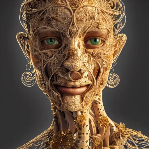 Prompt: beatifull frontal portrait of a woman, 150 mm, anatomical, flesh, flowers, mandelbrot fractal, facial muscles, veins, arteries, symmetric, intricate, golden ratio, full frame, microscopic, elegant, highly detailed, ornate, ornament, sculpture, elegant , luxury, beautifully lit, ray trace, octane render in the style of Trevor brown , robert Mapplethorpe and Terry Richardson