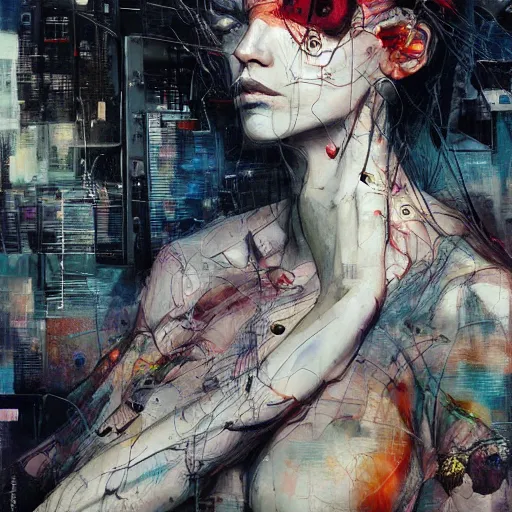Prompt: cyberpunk portrait, wires, machines, in the style of adrian ghenie, esao andrews, jenny saville,, surrealism, dark art by james jean, takato yamamoto
