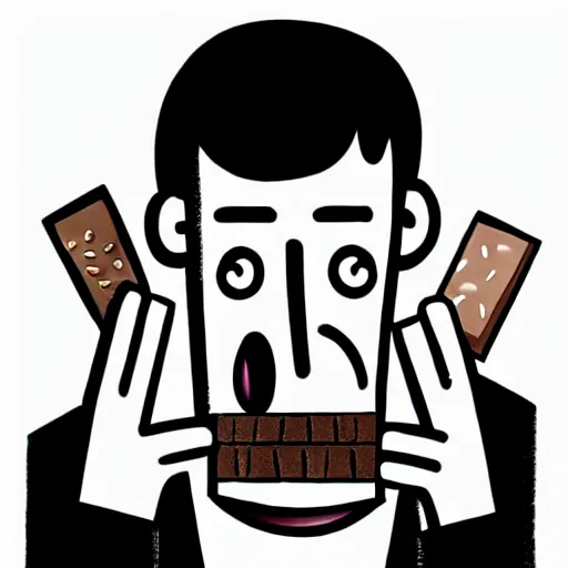 Image similar to book illustration of a chocolate bar crying because he has been split in half, book illustration, monochromatic, white background, black and white image