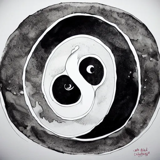 Prompt: whimsical yin Yang sea creatures, ink and wash