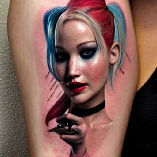 Image similar to a tatoo depicting jennifer lawrence as harley quinn, photo