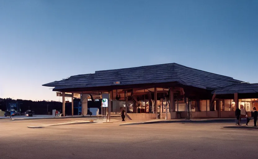 Image similar to exterior photo of the port byron travel plaza, a boring white a - frame build, depressing scene from being john malcovich film directed by charlie kaufman ( 2 0 0 1 ), moody cinematography and lighting, 2 4 mm anamorphic lens