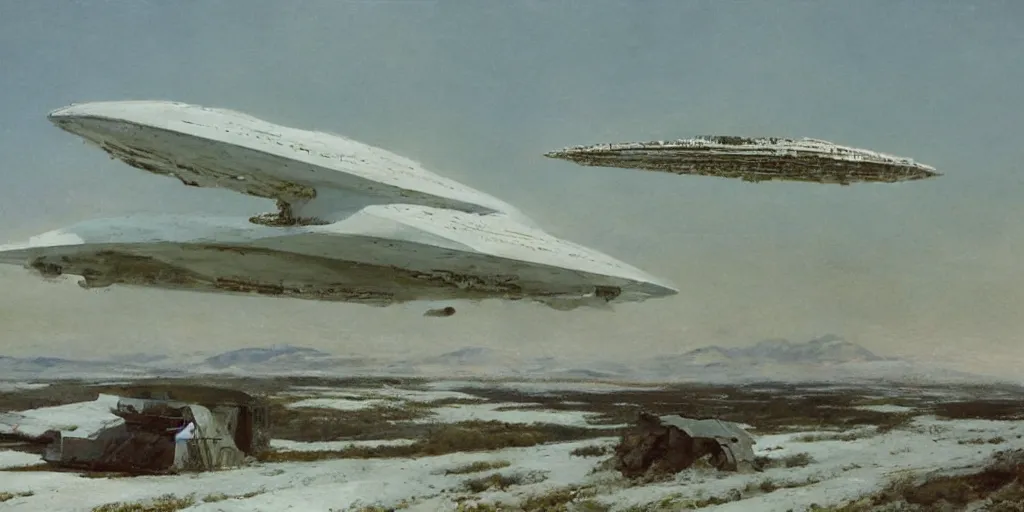 Image similar to Fernand Khnopff super technologies white giant spaceship starship battlestar airship landed laying in center on tansy wormwood field, snowy mountain afar by Fernand Khnopff by john berkey, oil painting, concept art