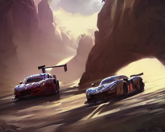 Prompt: sports car race directed by steven spielberg, deep focus, d & d, fantasy, intricate, elegant, highly detailed, digital painting, artstation, concept art, matte, sharp focus, illustration, hearthstone, art by artgerm and greg rutkowski and alphonse mucha