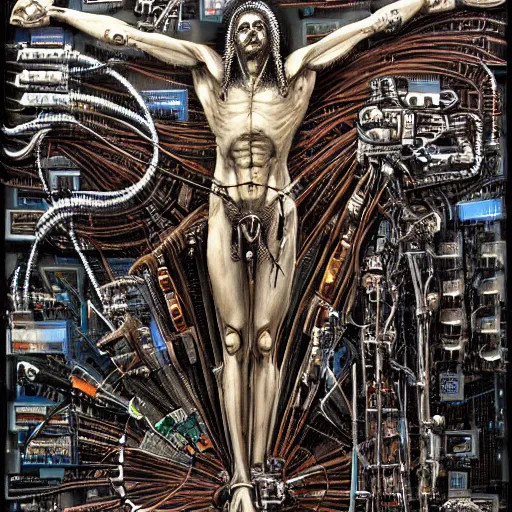 Image similar to a man crucified on a cybernetic sci - fi cross, full of computer elements and cables, symbolic, intricate, hyperdetailed, religious, painting, cyberpunk, in a style of h. r. giger