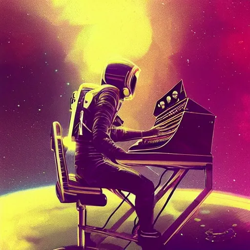 Prompt: an astronaut, using a synthesizer in a music studio, [ floating ]!!, synthwave art style, illustrated by greg rutkowski and ashley mckenzie, trending on cgsociety, golden ratio!!!, centered!!!, intricate