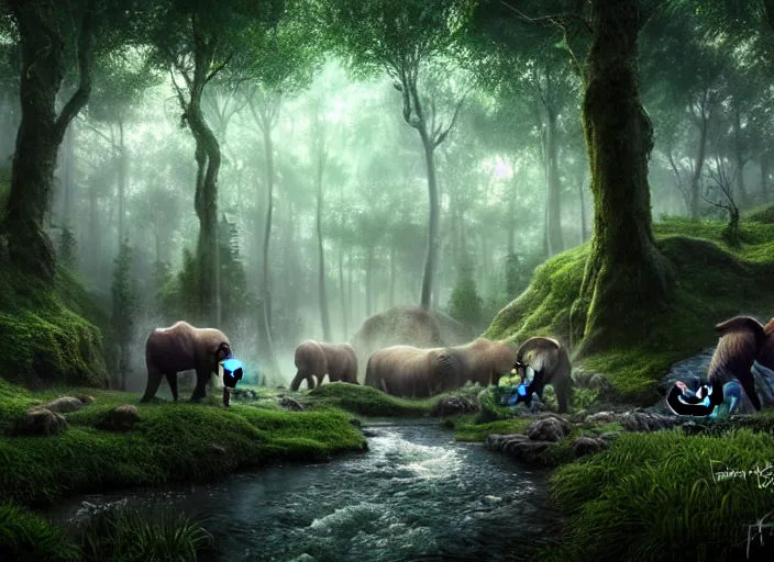 Image similar to hyperrealism, detailed textures, photorealistic 3 d render, a surreal mystical forest with a bright winding creek, a herd of wooly mammoths grazing, ultra realistic cinematic, intricate, cinematic light, concept art, illustration, art station, unreal engine