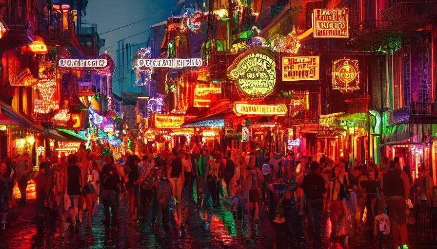 Prompt: crowded neo - gothic bourbon street with color lights, neons, fanfare, hyperdetailed, artstation, cgsociety, 8 k