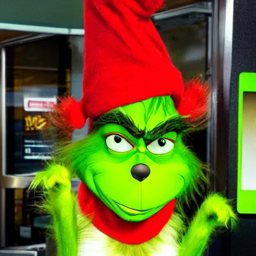 Image similar to the grinch working at mcdonalds