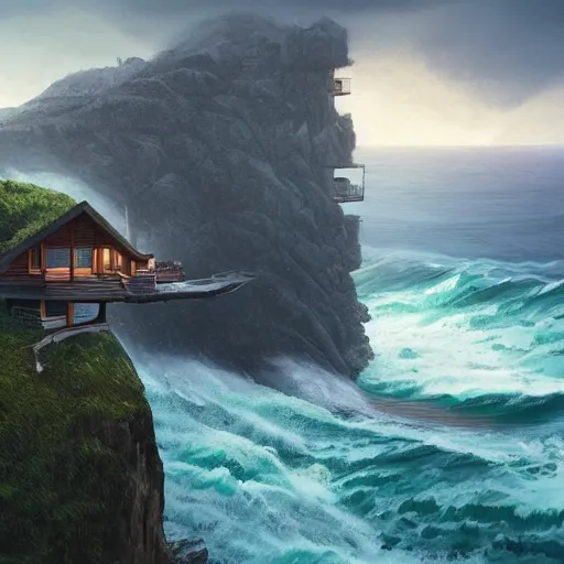 Image similar to a cozy cabin on top of a cliff, view of the ocean, huge waves beneath, dramatic lighting, artstation, matte painting, raphael lacoste, simon stalenhag, frank lloyd wright, zaha hadid, drone view