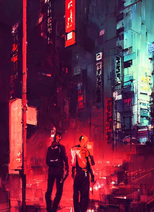 Image similar to horror art, terminators in shinjuku street, red cloud in the background, art by ismail inceoglu