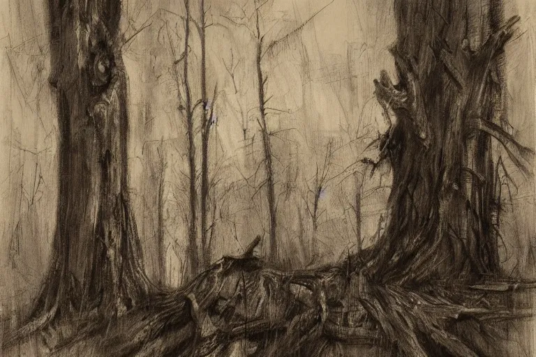 Image similar to graphite sketch of a dead stump of a tree at a rural crossroad, by jeremy mann