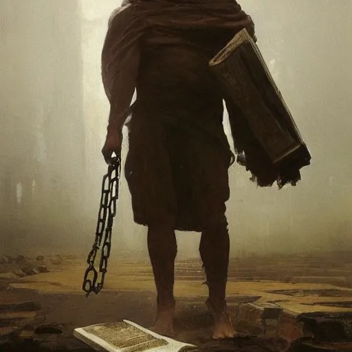 Image similar to half portait of magican wearing a closed cowl holding a big old book! chained!!! to his wrist, jeremy mann, jean leon gerome, alphonse mucha, greg rutkowski, hood covers his eyes, ( ( ruins of ancient rome ) ), at dusk, mysterious atmosphere, sunrays, dof, masterpiece, high detailed, 8 k