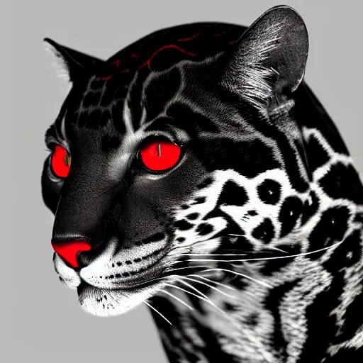 Image similar to profile shot of a black and red ocelot with black background, high contrast, octane render, 4k