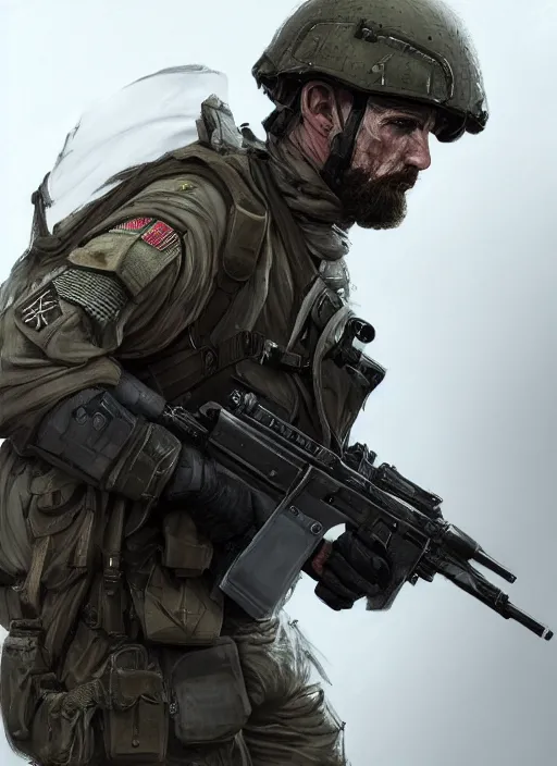 Prompt: a highly detailed digital painting of an sas soldier, epic composition, concept art, 8 k, artstation