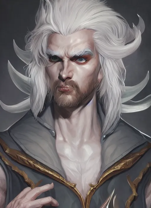 Prompt: a highly detailed illustration of attractive white haired horned demon guy wearing librarian outfit, dramatic pose, art by artgerm and greg rutowski, intricate, elegant, highly detailed, centered, digital painting, artstation, concept art, smooth, sharp focus, league of legends concept art, wlop.
