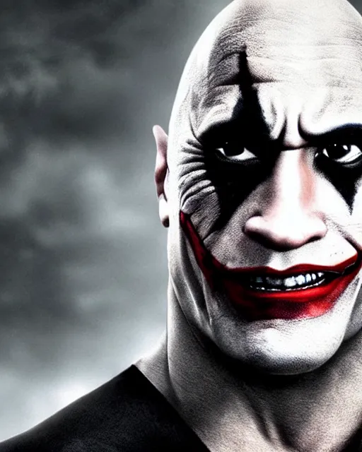 Image similar to Film still close-up shot of Dwayne The Rock Johnson as The Joker from the movie The Dark Knight