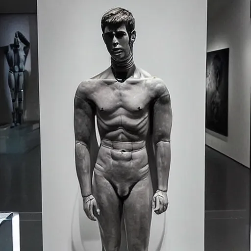 Image similar to “ a realistic detailed photo of a guy who is an attractive humanoid who is half robot and half humanoid, who is a male android, actor liam hemsworth, shiny skin, posing like a statue, blank stare, at the museum, on display ”