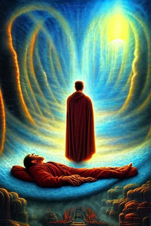 Prompt: a photorealistic detailed cinematic image of a man on his deathbed, journey of the soul, portal to the afterlife. met by friends and family, overjoyed, emotional by pinterest, david a. hardy, kinkade, lisa frank, wpa, public works mural, socialist