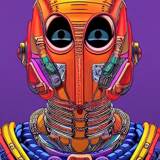 Image similar to beautiful portrait of the colorful masked humanoid android, vivid colors, intricate, highly detailed, masterful, in the style of moebius, akira toriyama, jean giraud