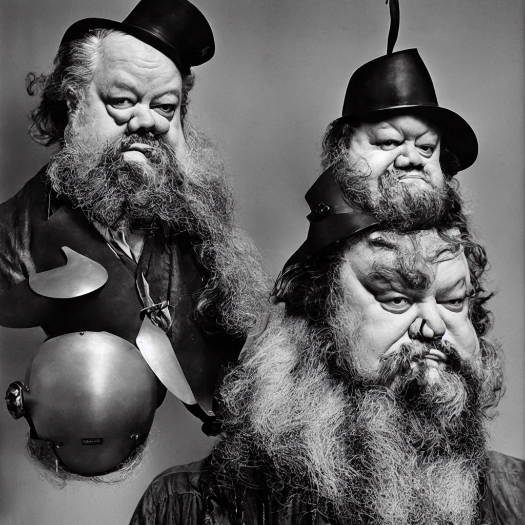 Prompt: An Alec Soth portrait photo of Orson Welles as Falstaff, wearing multiple helmets