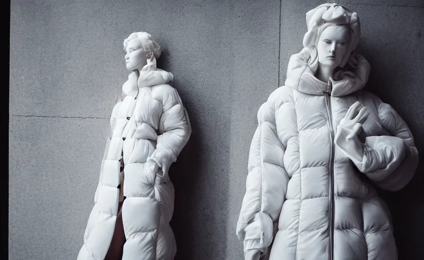 Image similar to well lit fashion shoot portrait of extremely beautiful female marble statue wearing huge over size puffer jacket by dingyun zhang, yeezy, balenciaga, vetements, a cold wall, sharp focus, clear, detailed,, cinematic, detailed, off white, glamourous, symmetrical, vogue, editorial, fashion, magazine shoot, glossy