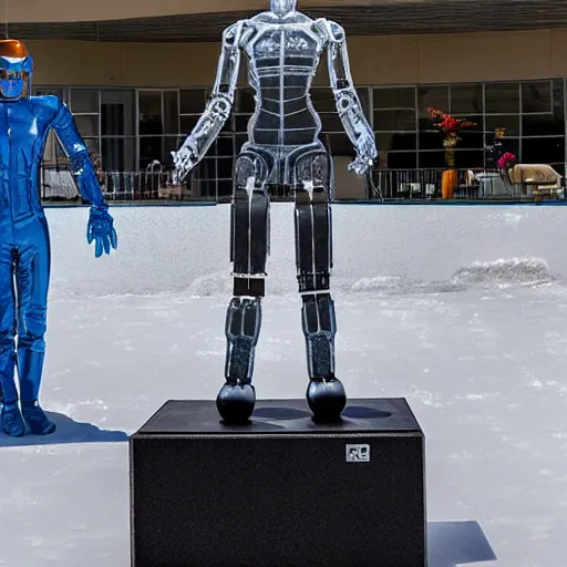 Image similar to made of ice, a realistic detailed photo of a guy who is an attractive humanoid who is half robot and half humanoid, who is a male android, on display, blank stare, showing off his muscles, shiny skin, posing like a statue, by the pool, frozen ice statue, f 1 driver max verstappen, humanoid robot