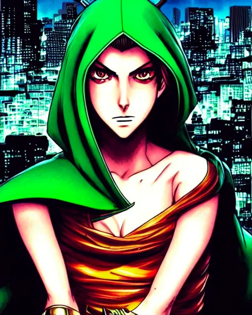 Prompt: artgerm, eiichiro oda, Rafael Albuquerque comicbook cover, cinematic lighting, beautiful Anna Kendrick supervillain Enchantress, green dress with a black hood, angry, symmetrical face, Symmetrical eyes, full body, flying in the air over city, night time, red mood in background