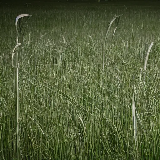 Prompt: a field of sharp grass impaling people