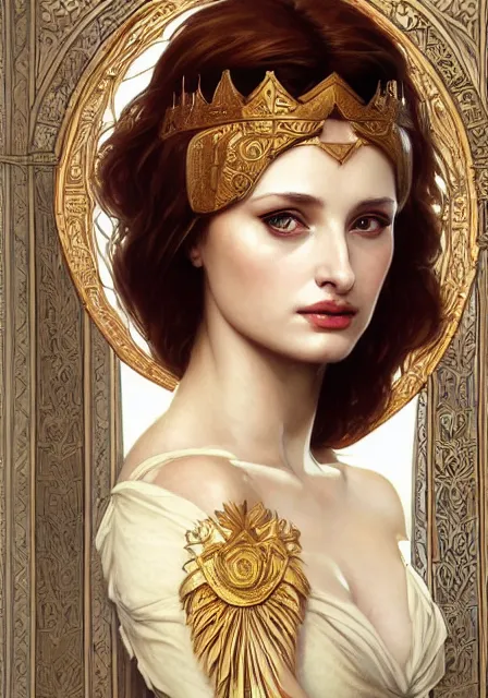 Prompt: sansa angeline jolie gessica chastain mummy cleopatra gold, intricate, elegant, highly detailed, digital painting, artstation, concept art, smooth, sharp focus, illustration, art by artgerm and greg rutkowski and alphonse mucha and william - adolphe bouguereau