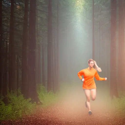 Prompt: a award winning photo of a woman running in a forest, volumetric light effect