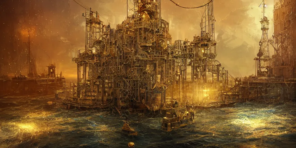 Prompt: golden steampunk oilrig in the sea, coins flying, intricate, very very beautiful, elegant, highly detailed, digital painting, artstation, concept art, smooth, sharp focus, illustration, WLOP